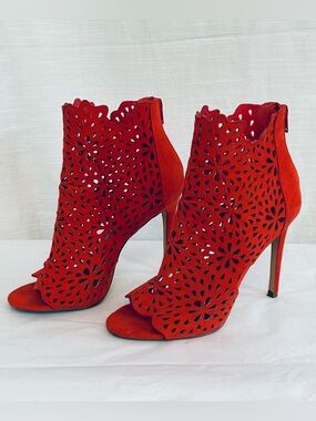 Aldo Red Laser-Cut Peep-Toe Stiletto Booties - Women's Fashion Heels